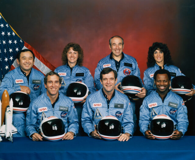 The astronauts and passengers of the Challenger Space Shuttle launch. 