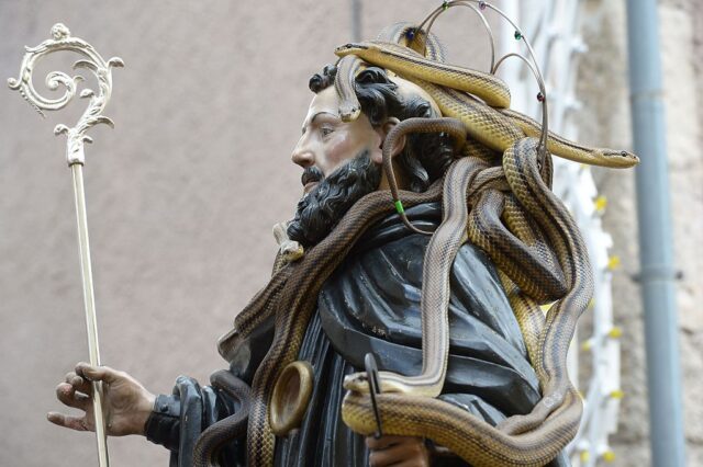 Statue of Saint Domenico di Sora covered in live snakes