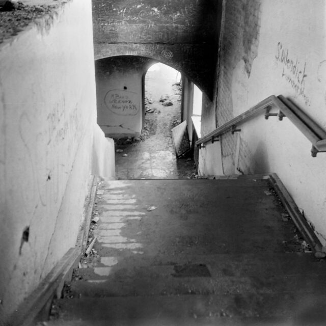 View looking down a set of stairs, walls with graffiti on either side.