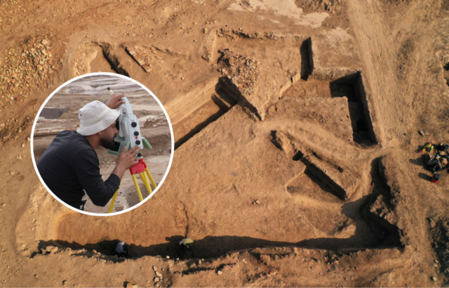Aerial view of an excavation site at Girsu and archaeologists working at a dig site, a man looking through a tool.