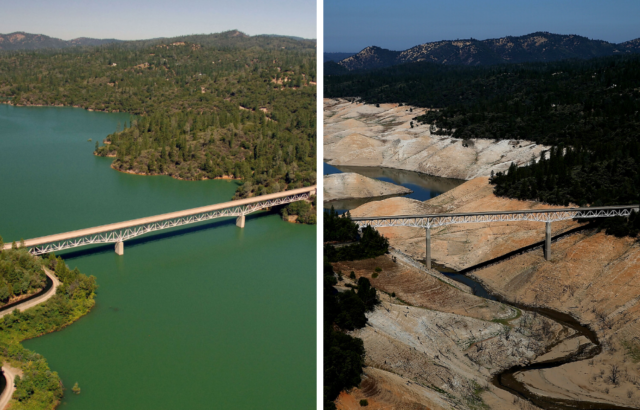 Bridge running over Lake Oroville during a drought and when it's filled up