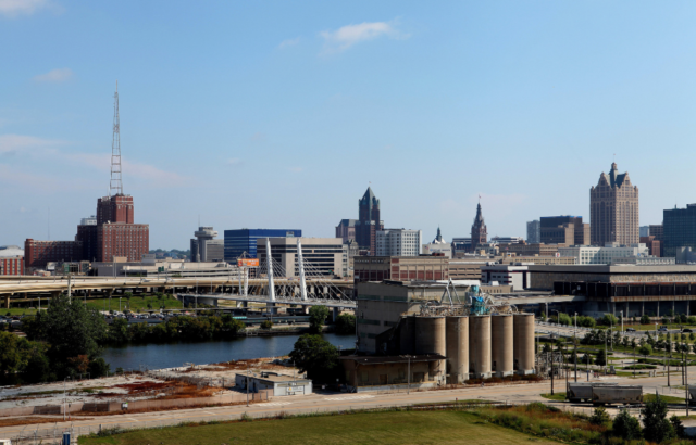 Milwaukee skyline as photographed along Interstate 94 on August 16, 2014 in Milwaukee, Wisconsin.