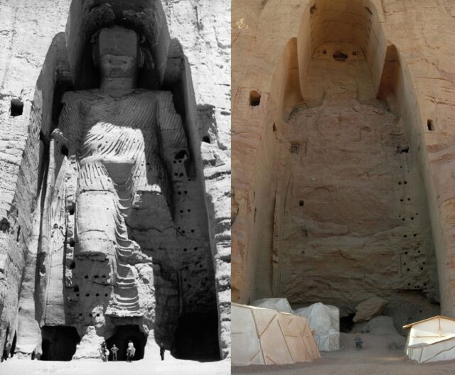 Large carved Buddha statue in a rock inlet + Empty rock inlet