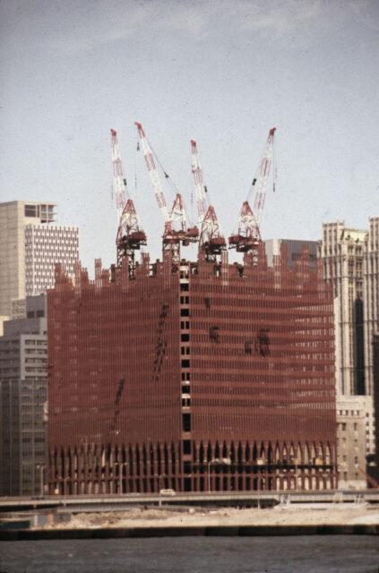 View across a river looking at the half build World Trade Center.