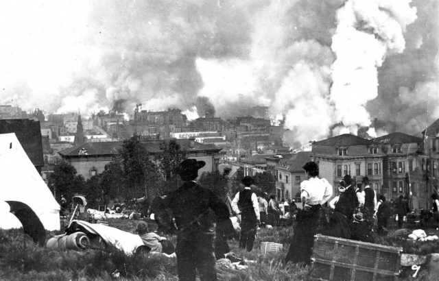 Fire in San Francisco following the great earthquake of 1906. View if from Gold Gate Park, Marin County, California.