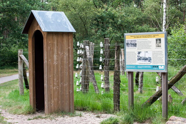 Sentry box and sign along the Wire of Death