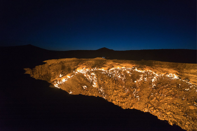 A closeup of Turkmenistan's Gates of Hell during the night time.
