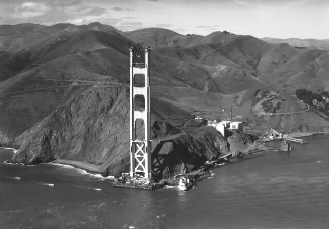 Aerial view of the nearly completed Marin Tower of the Golden Gate Bridge.