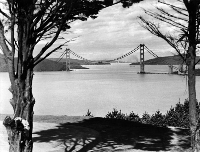 The Golden Gate Bridge under construction, seen from far away between two trees.