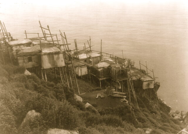 side view of houses on stilts.