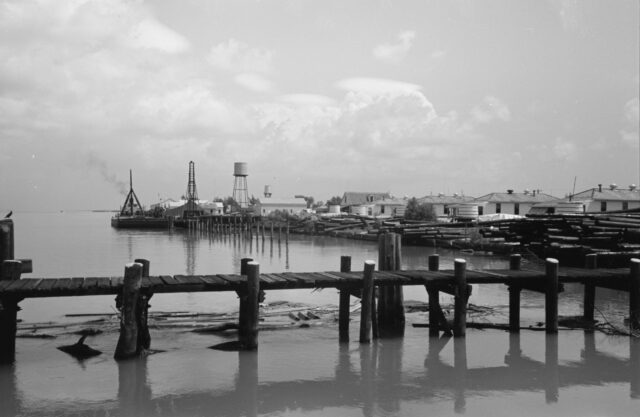 A body of water with a dock, houses lining the dock.