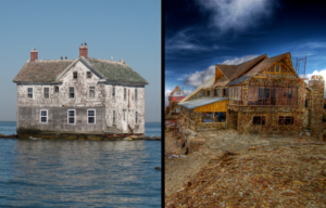 A decrepit house surrounded by water and An abandoned ski resort on a snow-less mountain.