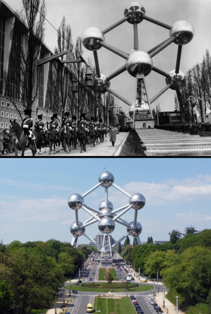 The Atomium with a parade in front of it in 1958 above another photo of it again in 2023.