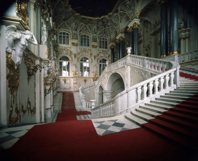 A grand staircase at the Winter Palace.