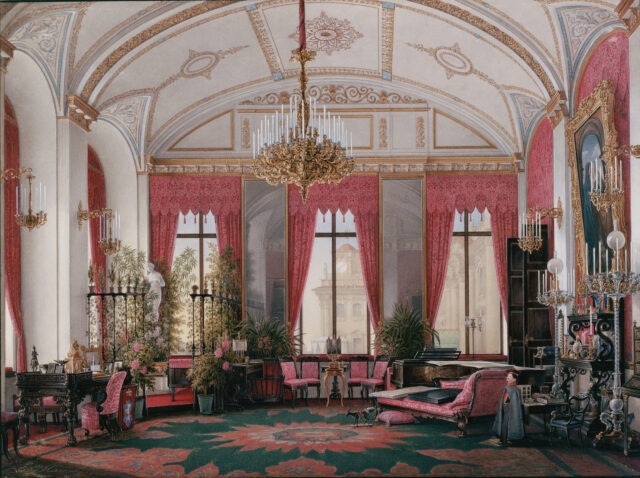An illustration of a raspberry colored salon at the Winter Palace.