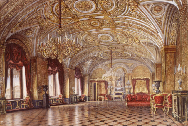 An illustration of a gold drawing room at the Winter Palace.
