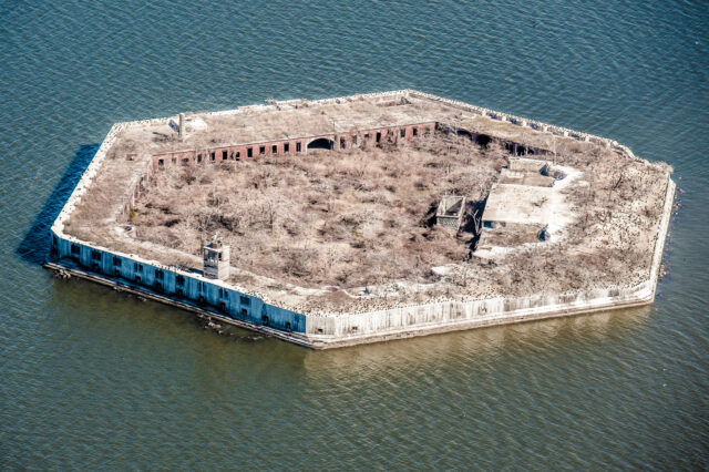 Aerial view of a hexagon-shaped concrete island.