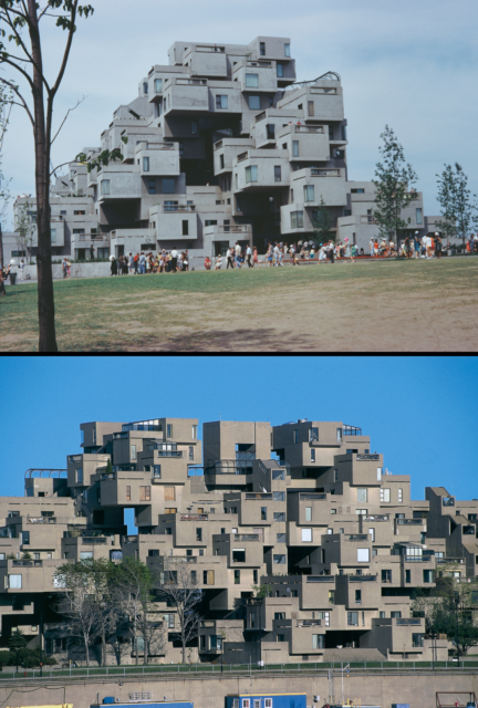 Habitat 67 pictured in 1967 and again in 2016.