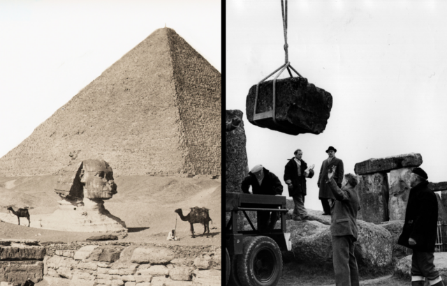 The Sphinx of Giza and the pyramid beside workers moving a stone with a life.