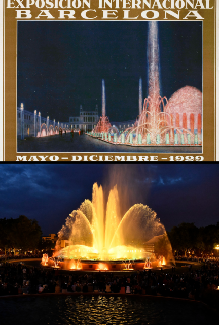 Postcard of the World Fair in Barcelona 1929, and a photo of the Magic Fountain of Montjuïc at night.