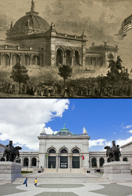 Memorial Hall illustration in 1878 and photographed in 2010.