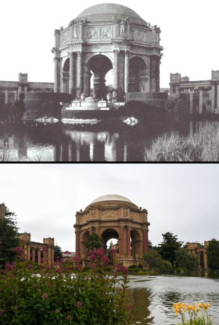 The Palace of Fine Arts in 1900 and again in 2023.