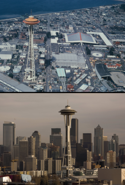 Aerial view of the Space Needle above a skyline photo of the Space Needle.