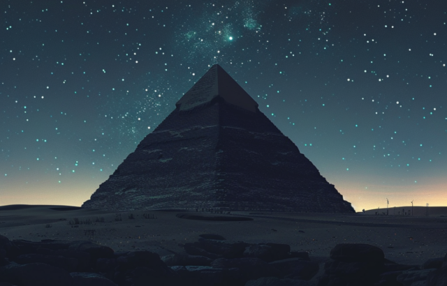 A pyramid at night.
