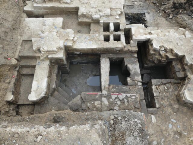 Aerial view of excavated castle remains. 