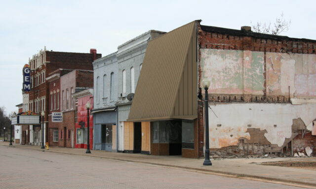 A strip of abandoned buildings.