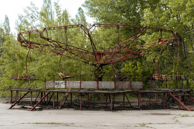 Rusty ride in the middle of Pripyat Amusement Park