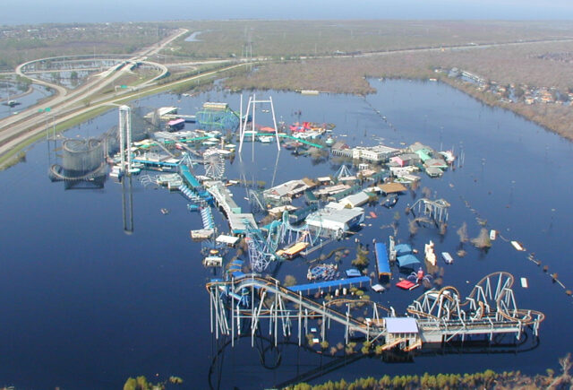 Aerial view of Six Flags New Orleans completely flooded out