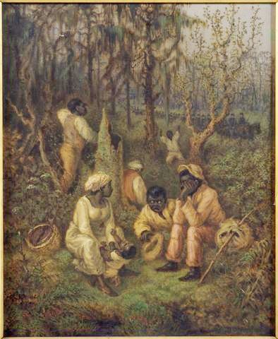 A painting of slaves in the Great Dismal Swamp.