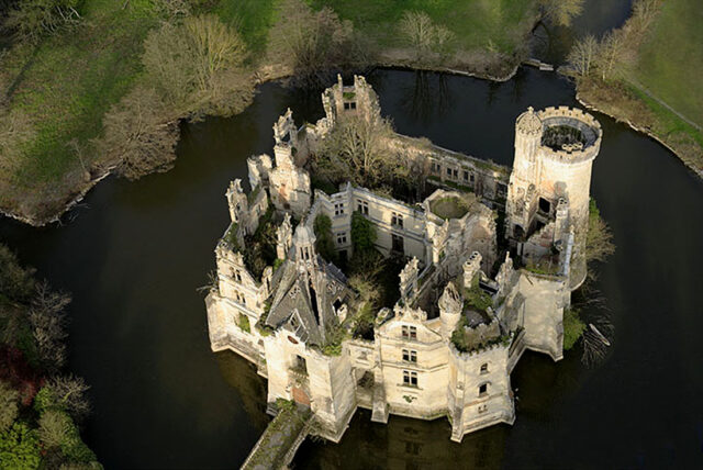 An aerial view of the château.