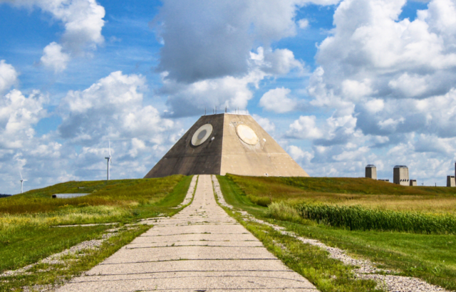The pyramid of North Dakota at the end of a road.