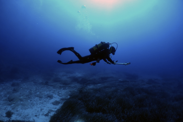 A diver swimming over a shipwreck.