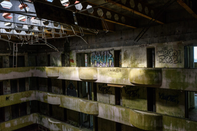 Dark abandoned hallways at a hotel.