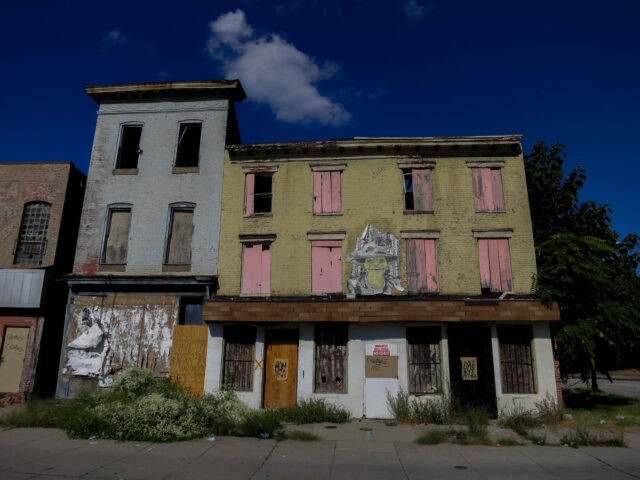 Old boarded up buildings.