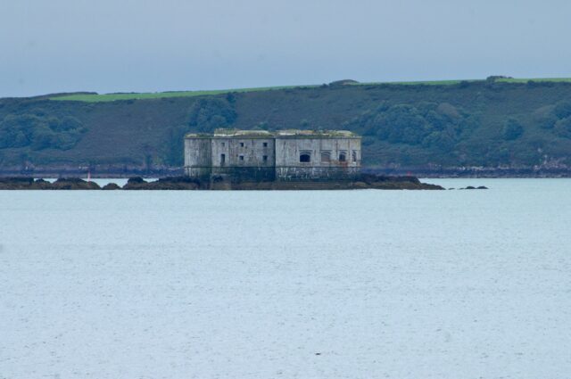 Stack Rock Fort in water.