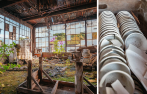 An abandoned warehouse and broken china.